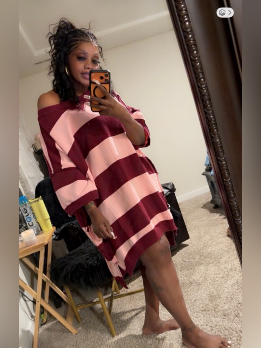 We The Free Out Here Striped Maxi Oversized Pink & Burgundy Sweatshirt Size XS-S